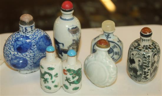 Six Chinese porcelain snuff bottles, variously-decorated (one double)